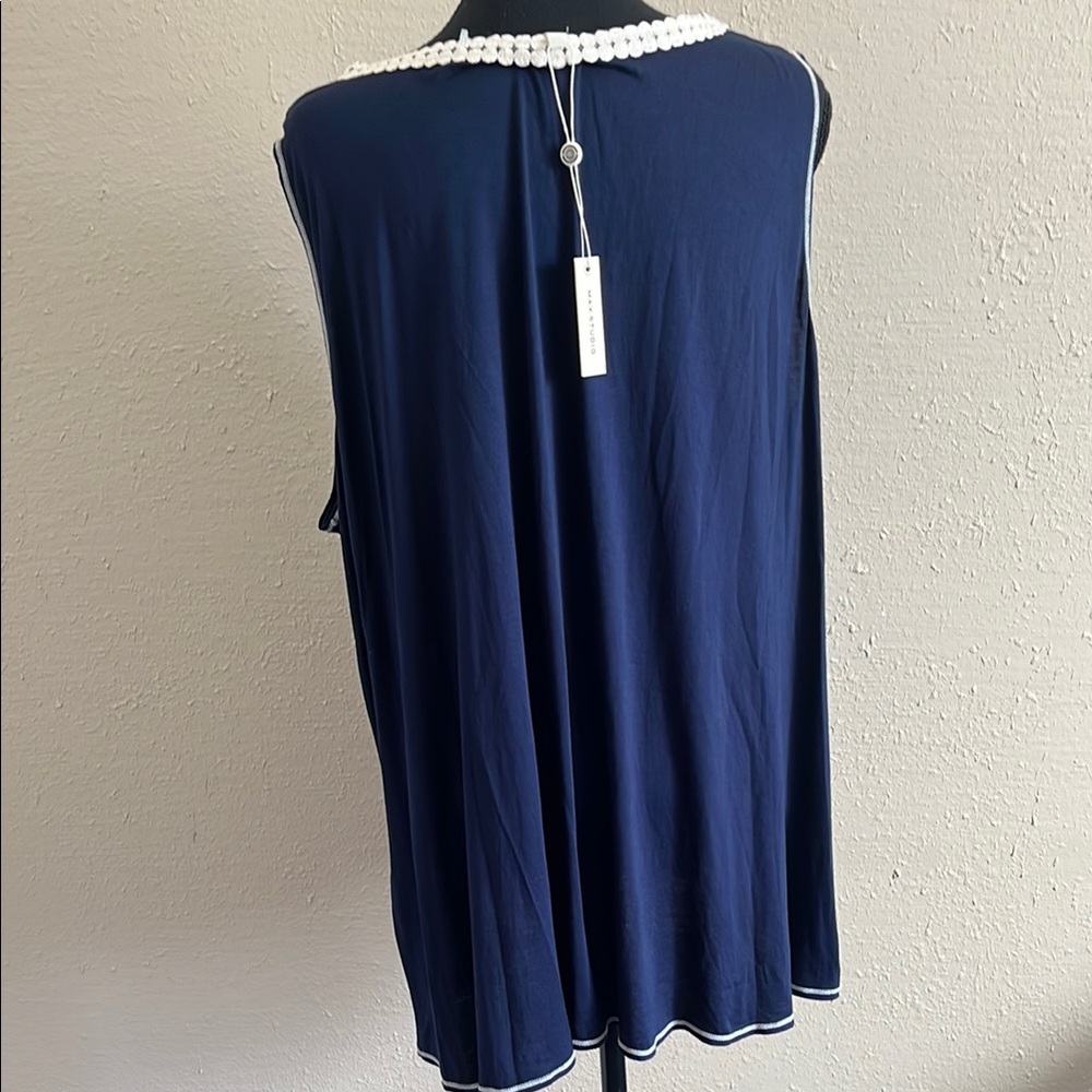 Max Studio Navy Blue Sleeveless Top with White Crochet Detail - Picture 4 of 6